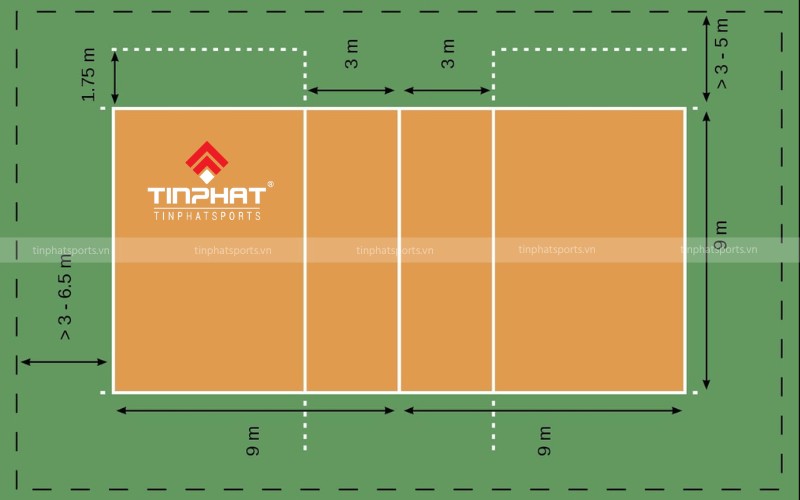 Sân thi đấu bóng chuyền da tiêu chuẩn VFV có hình chữ nhật, dài 18 mét, rộng 9 mét