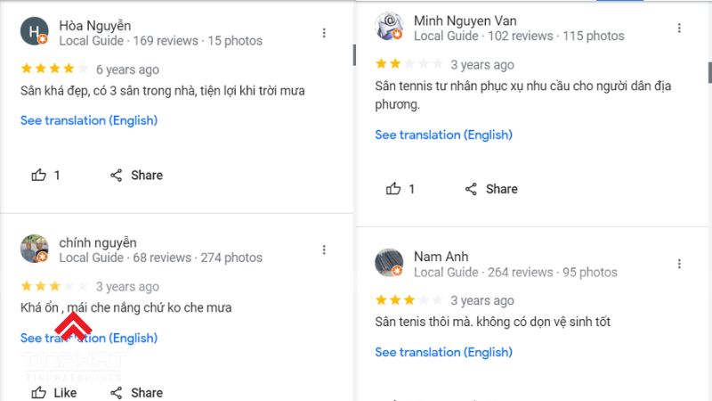 Đánh giá của khách hàng về sân tennis Trung Thiện trên Google maps