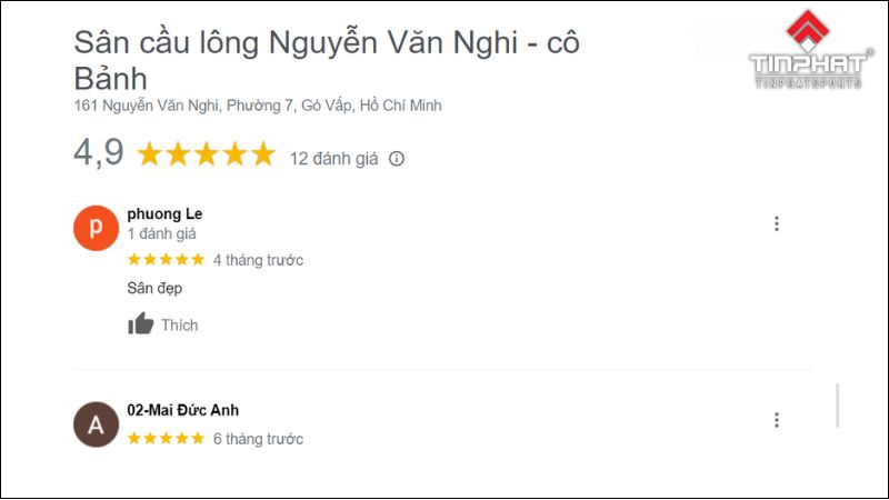 Một vài đánh giá khen sân đẹp và 5 sao của sân cầu lông Nguyễn Văn Nghi