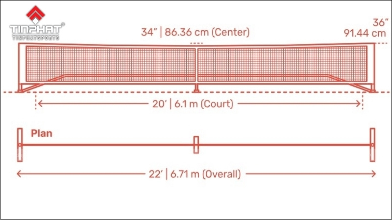 Lưới pickleball với kích thước tiêu chuẩn